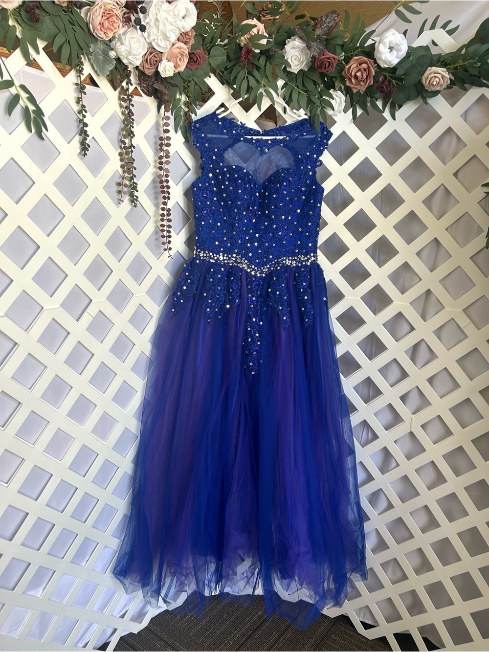 Royal Blue Beaded Tulle Formal Dress Illusion Neck Prom Gown  EST-M/L